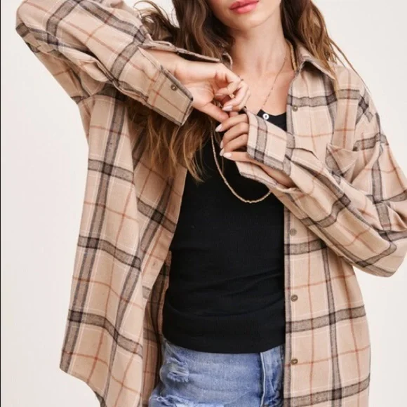 La Miel Tan Camel Plaid Button Down Flannel Small - Picture 8 of 10